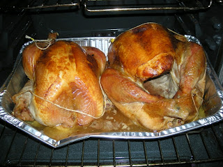 two roasted turkeys