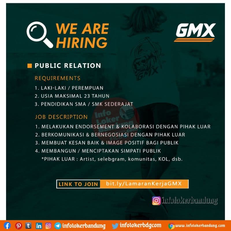 Lowongan Kerja Public Relation & Project Management GMX Bandung Juli 2021