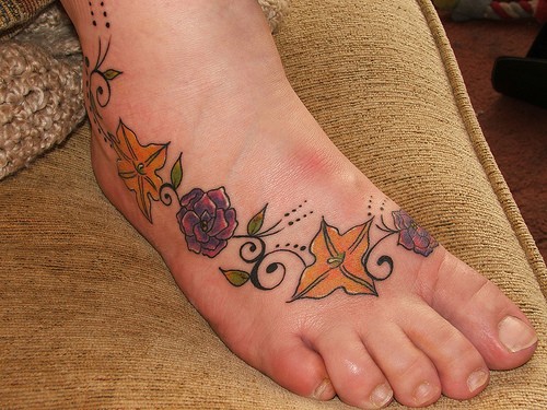 fearne cotton foot tattoo. Flowers and Leaves Foot Tattoo