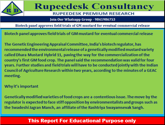 Biotech panel approves field trials of GM mustard for eventual commercial release - Rupeedesk Reports - 27.10.2022