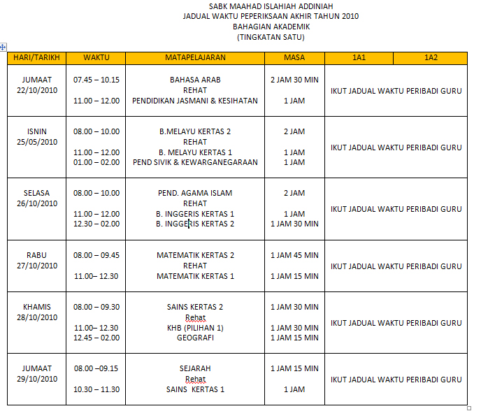 .: JADUAL AKHIR TAHUN TINGKATAN 1 ( AGAMA & AKADEMIK )