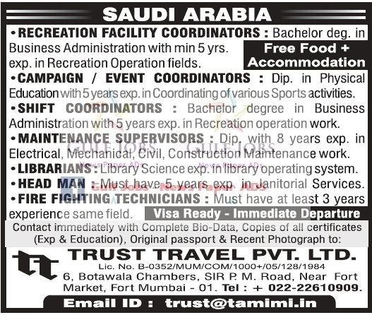 Saudi Arabia Large Job Opportunities - free food & Accommodation