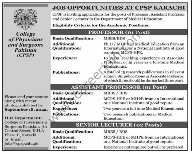 College of Physicians & Surgeons Pakistan CPSP Jobs
