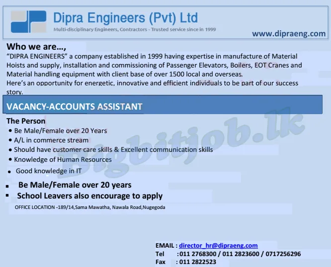 Dipra Engineers (Pvt) Ltd Job Vacancy - Accounts Assistant  2023