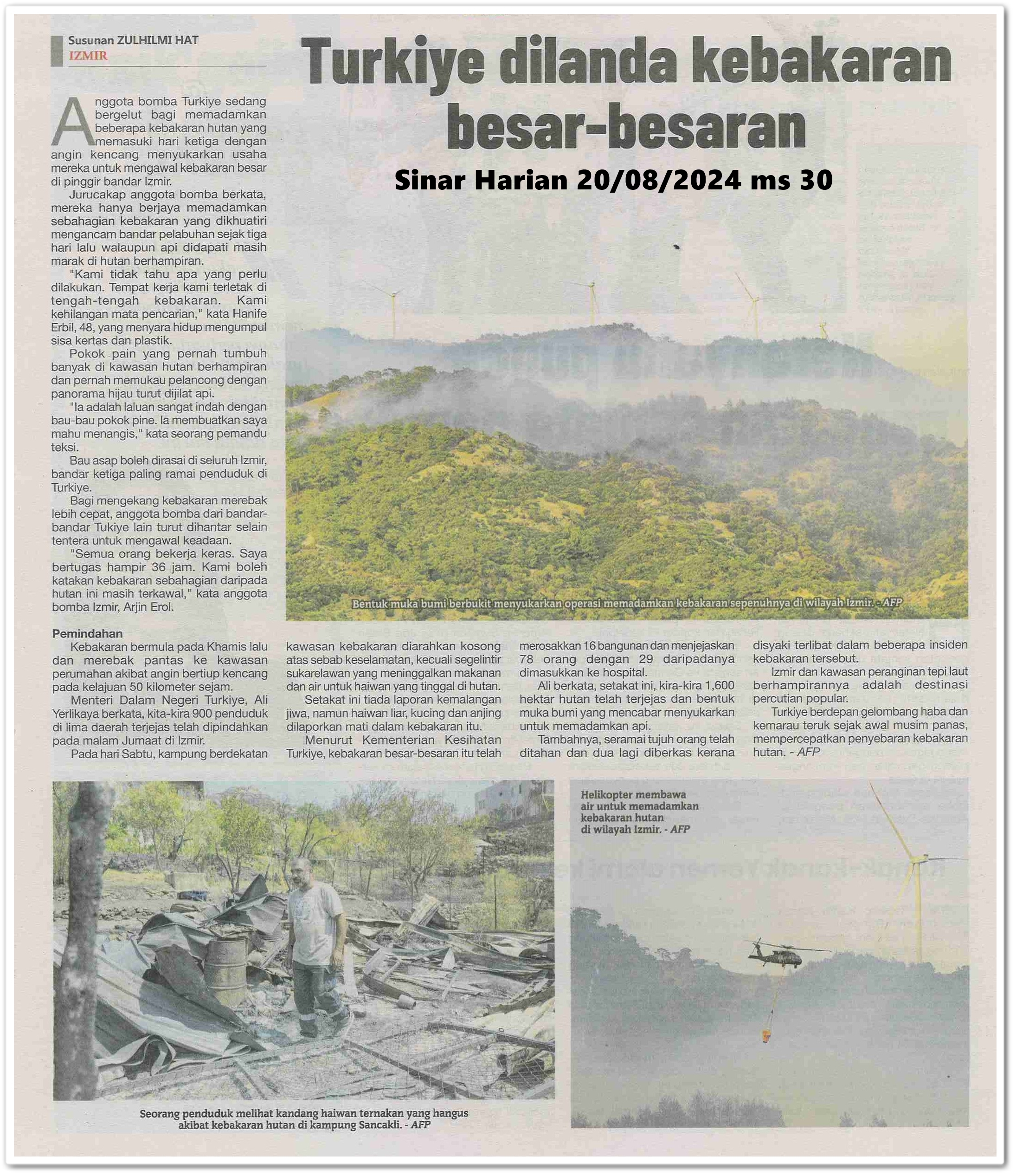 Turkiye dilanda kebakaran besar- besaran | Keratan akhbar Sinar Harian 20 Ogos 2024