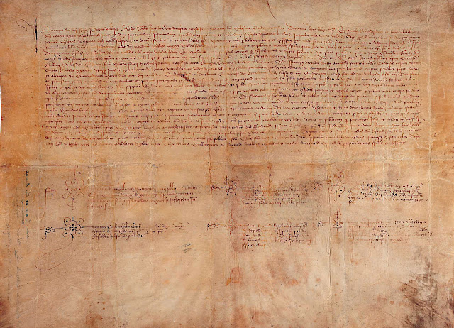 Acta notarial original de la elección unánime de Fernando de Antequera como rey de Aragón por los nueve compromisarios de Caspe. 28 de junio de 1412. En ella puede leerse la proclamación: publicamus quod Parlamenta predicta et subditi ac vassalli Corone Aragonum fidelitatis debitum prestare debent et tenentur illustrissimo ac excellentissimo et potentissimo principi et domino: domino Ferdinando, infanti Castelle, et ipsum dominum Ferdinandum in eorum verum regem et dominum habere tenentur et debent, cuya traducción es: 'publicamos que los parlamentos nombrados y los súbditos y vasallos de la Corona de Aragón deben y están obligados a prestar fidelidad al ilustrísimo, excelentísimo y potentísimo príncipe y señor don Fernando, infante de Castilla, y que al mismo don Fernando deben y están obligados a tener y reconocer como su verdadero rey y señor'.1​