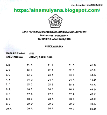  Soal dan Kunci Jawaban Latihan Soal UAMBN SKI MTS Tahun  LATIHAN SOAL DAN KUNCI JAWABAN UAMBN SKI MTS TAHUN 2019 - 2020