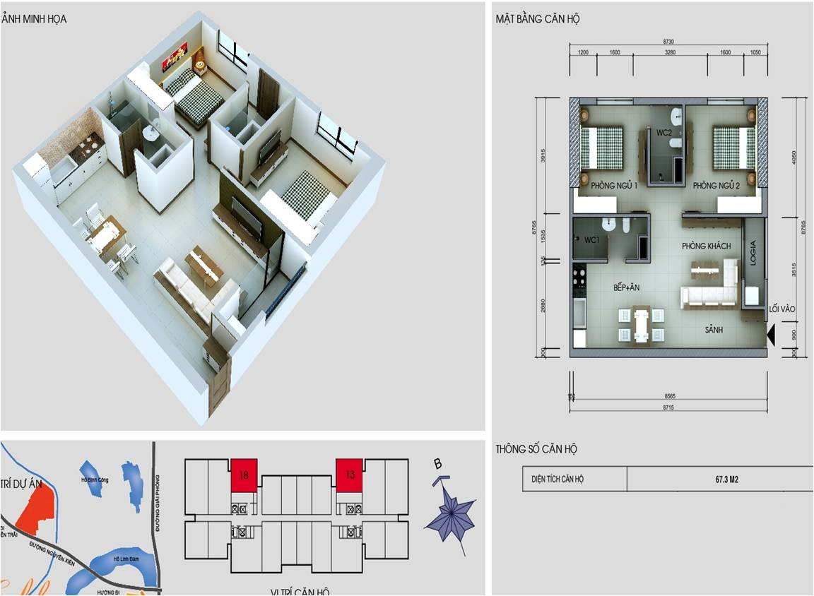 căn hộ 2 phòng ngủ diện tích 67,3 m2: 13; 18.