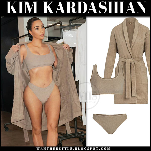 Kim Kardashian in brown robe and lingerie set on March 12 ~ I want her  style - What celebrities wore and where to buy it. Celebrity Style