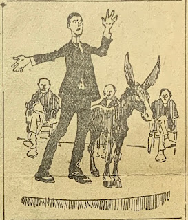 Newspapers illustration of donkey on stage with a student