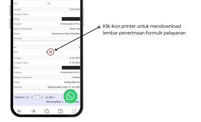 Klik ikon printer untuk mendownload lembar penerimaan formulir pelayanan