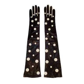 Vintage 1980's black leather Pierre Cardin long gloves with white polka dots.