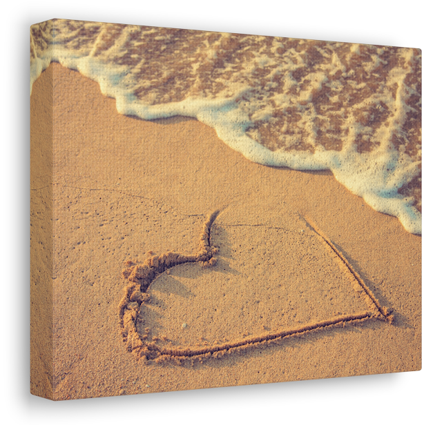 Valentine Canvas Gallery Wrap With Heart Drawn on the Beach Sand Being Washed Away By a Wave