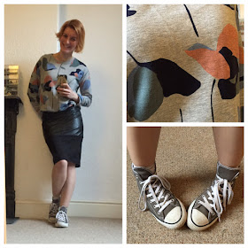 Warehouse pleather skirt with Boden print sweatshirt and converse trainers