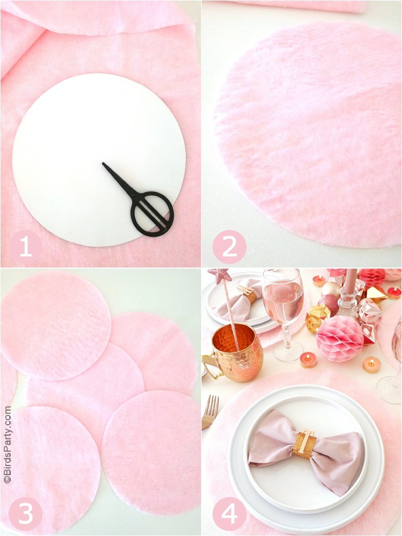 DIY No-Sew Pink & Fluffy Table Place Mats - learn to craft these pretty, quick and easy place-mats for your holiday tablescapes or party tables! by BirdsParty.com @birdsparty #diy #diyplacemats #diychristmastabledecor #diychristmas #christmastable #christmascrafts #pinkchristmas #pinkplacemats