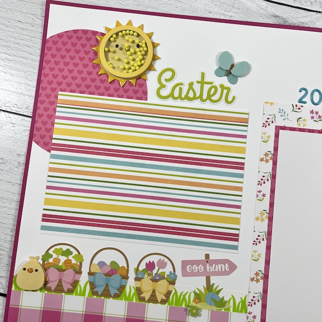 12x12 Easter Scrapbook Page Layout with Easter baskets, a chick, flowers, and a sun shaker