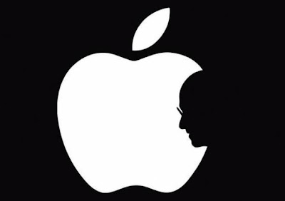 Silueta de Steve Jobs como mordisco en la manzana del logo de Apple