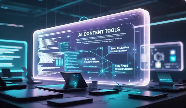A detailed digital art illustration with a futuristic aesthetic, showing a holographic display panel featuring the text 'AI Content Tools,' 'Boost Productivity,' 'Create Better Content,' and 'Stay Ahead'. Various sleek devices are positioned around the display, suggesting a dynamic workspace.