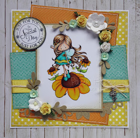 Sunny floral fairy card using Echo Park papers, embellishments from The Ribbon Girl and Fairy sunny day digi image from Tiddly Inks