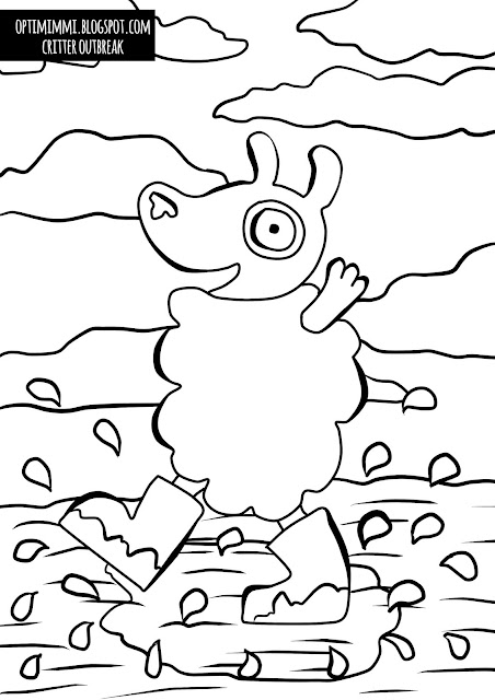 A coloring page of a critter jumping over a puddle, for Inktober 2018: muddy / Värityskuva otuksesta, joka hyppii kuralätäkön päällä. Inktober 2018 -haastetta varten: mutainen