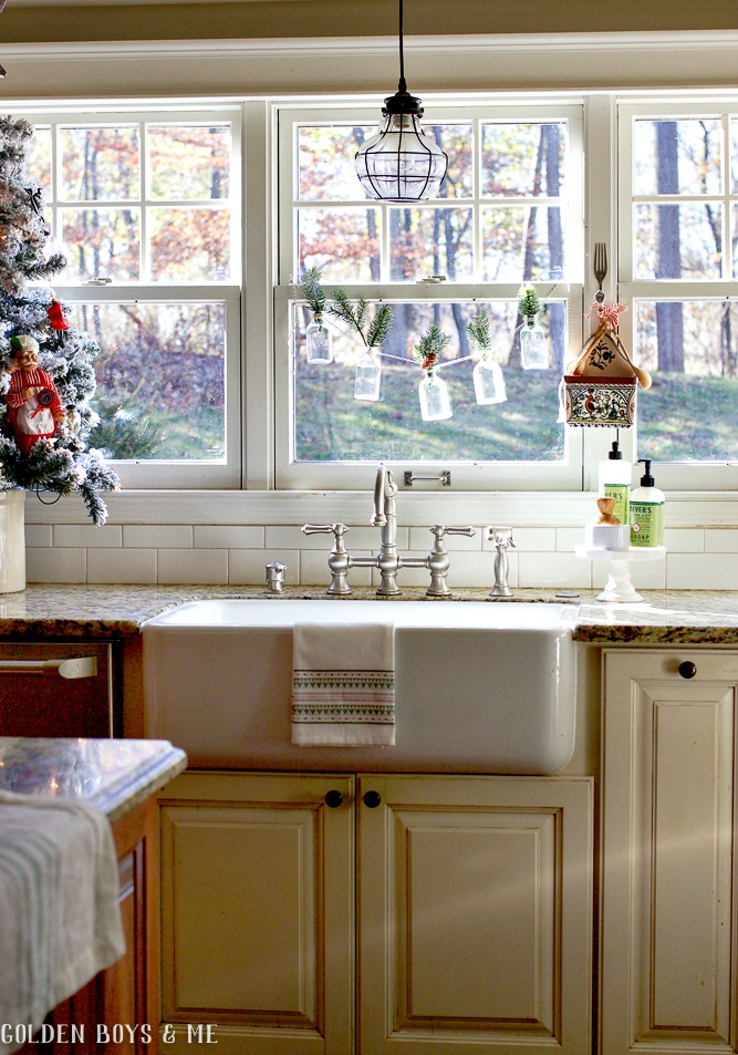 Farmhouse sink with apron front in holiday kitchen - Golden Boys and Me Holiday Home Tour 2017