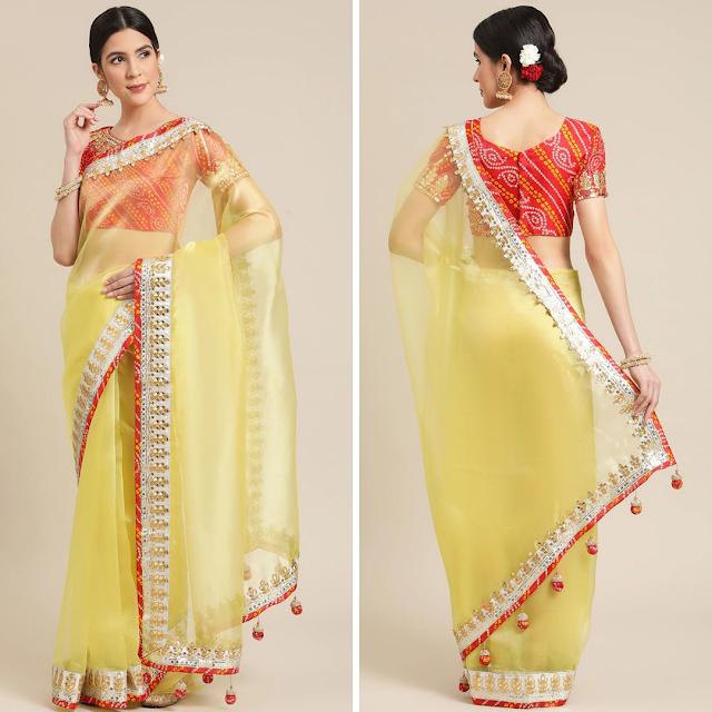 Yellow & Red Organza Silk Blend Ethnic Embroidered Party Saree, Buy Organza Sarees Online Under Rs 2000, Buy Party Sarees Online, Buy Transparent sarees online, Buy Organza Sarees Online