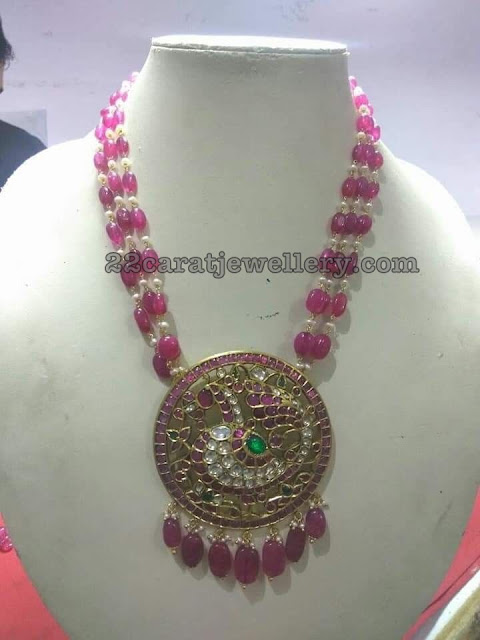 Ruby Beads Chain with Kundan Peacock Pendant