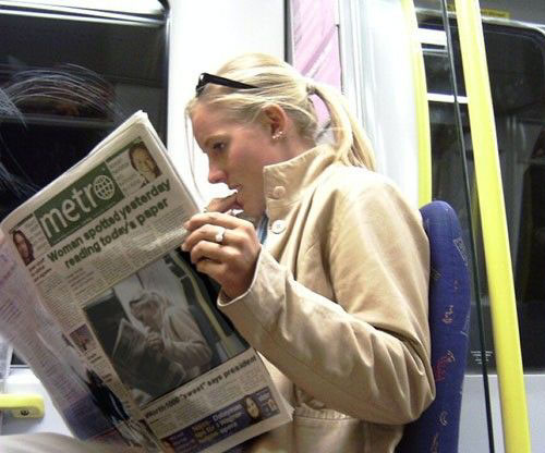 droste, cool, woman reading todays paper on subway, photoshop effect