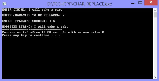 C++ Program to replace a character with a given character in a string with output