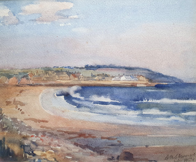 Watercolour of a windy day at the beach of Shandwick Bay, looking towards Balintore, painted by Anna WS Munro in 1958.