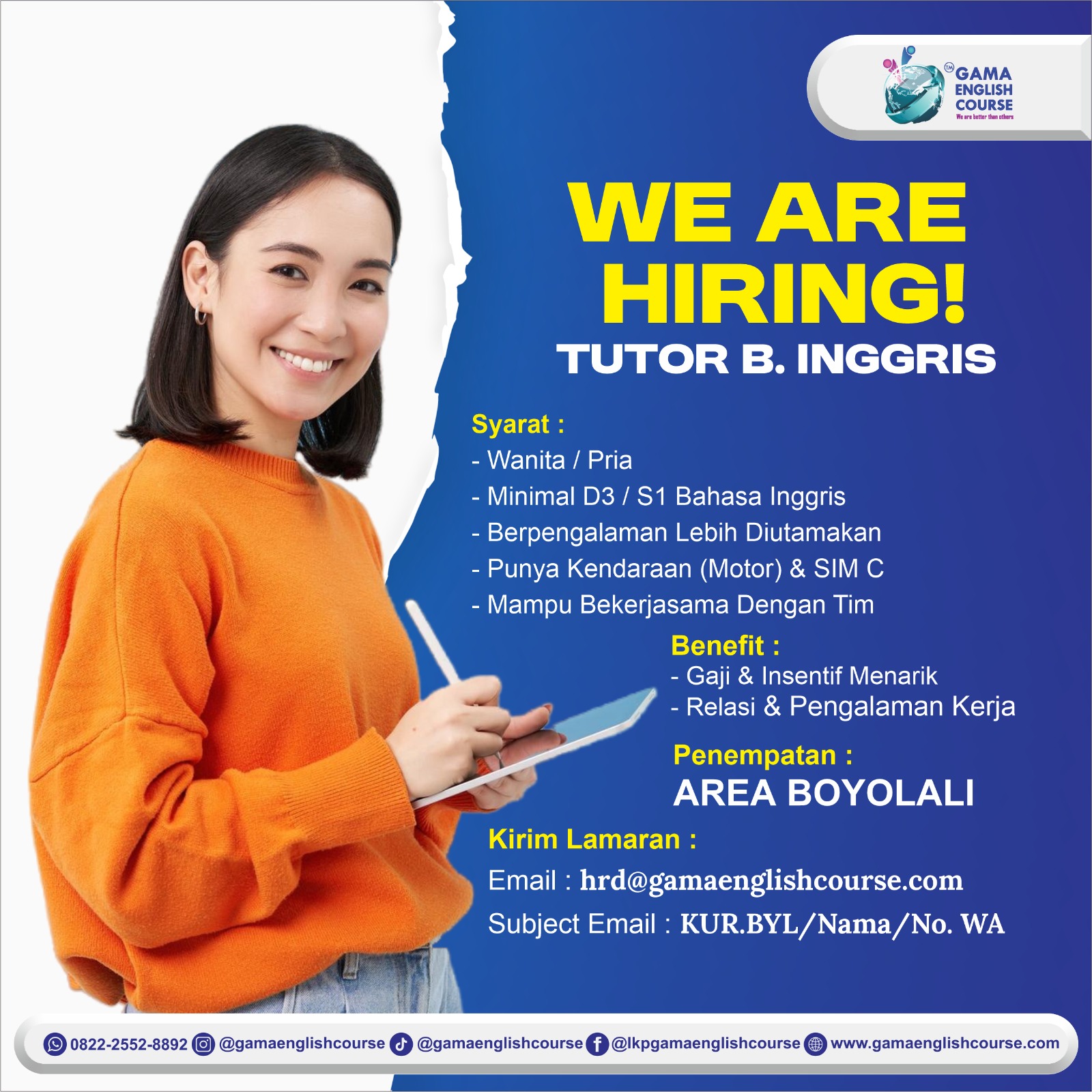 Loker Tutor Bahasa Inggris, Administrasi Cabang di Gama English Course Solo Raya & Jogja