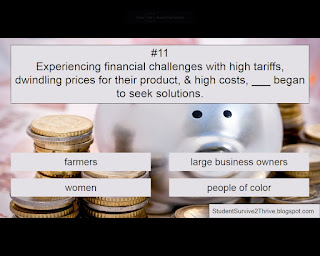 Experiencing financial challenges with high tariffs, dwindling prices for their product, & high costs, ___ began to seek solutions. Answer choices include: farmers, large business owners, women, people of color