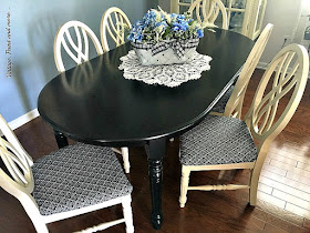 Vintage, Paint and more... dining room makeover with black chalk painted table, white chairs and vintage looking fabric