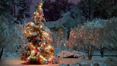 Arbol de navidad en la nieve con luces de colores Merry Christmas