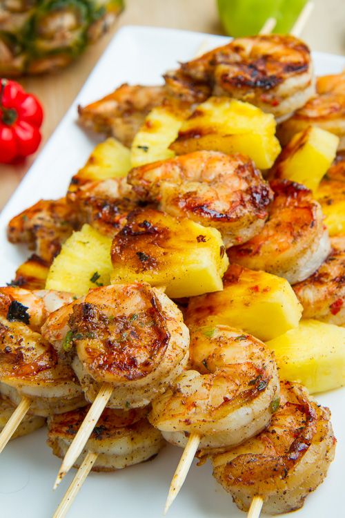 Spicy grilled jerk marinated shrimp and sweet and juicy pineapple skewers!