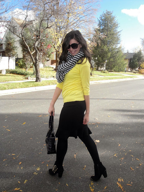 black and yellow, jcrew sweater, sweater, cashmere, ankle boots, ankle booties, frill skirt, tullip skirt, forever 21, tights, opaque tights, work wear, 