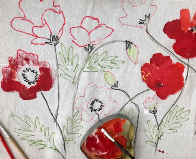 Poppy Flower Inspired Fabric painting Cushion Cover