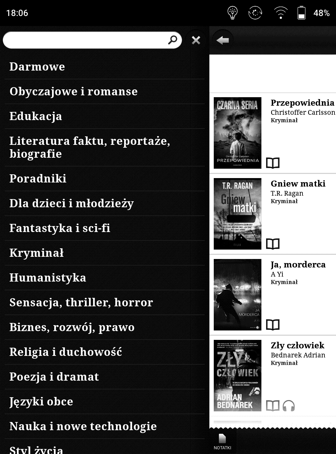 Czytnik Onyx Boox Poke 3 – przeglądanie listy e-booków w aplikacji Legimi według kategorii