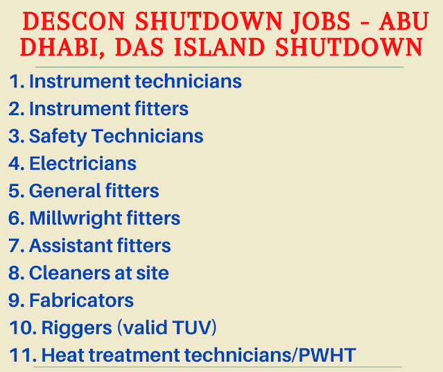 Descon shutdown Jobs - Abu Dhabi, Das Island Shutdown