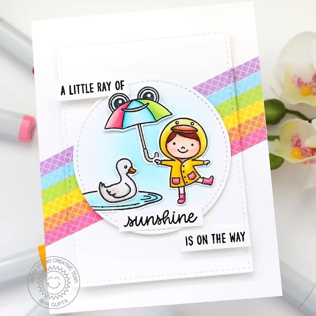 Sunny Studio Stamps: Puddle Jumpers Spring Themed Card by Isha Gupta (featuring Stitched Rectangle Dies, Stitched Circle Dies)