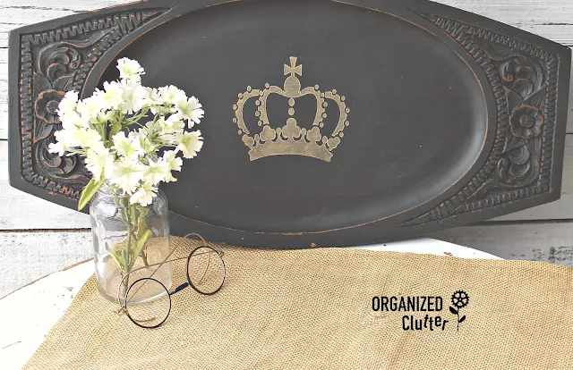 Regal Upcycle  For A Thrift Shop Serving Tray #thriftshopmakeover #dixiebellepaint #caviar #stencil #crown #servingtray #upcycle