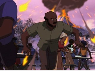 A volcano erupting in the background as Black villagers run around in a panic.