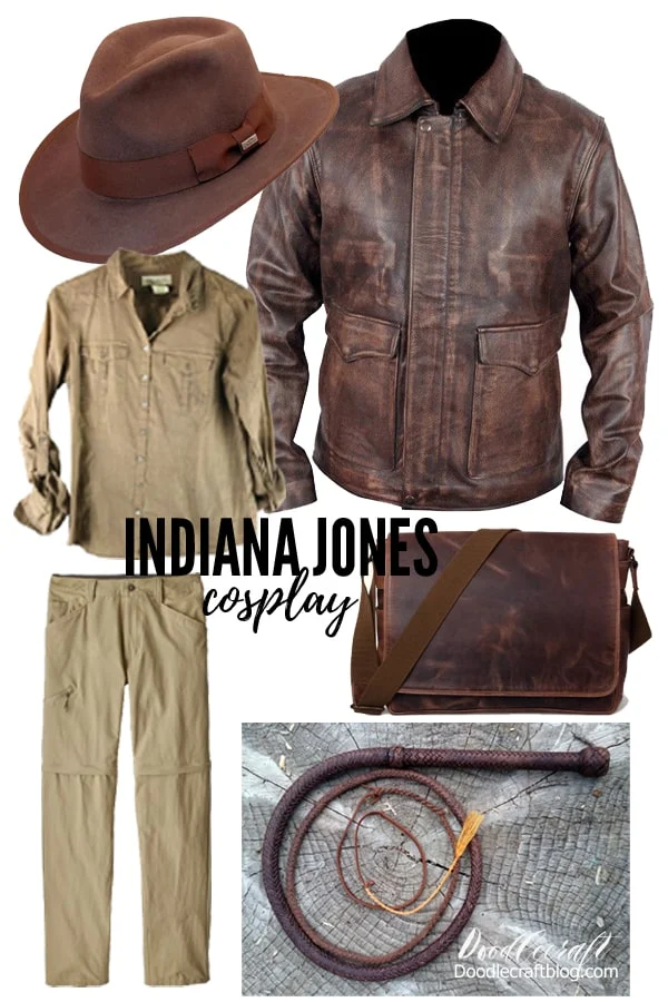 Make an Indiana Jones Halloween costume or cosplay easily with a fedora, leather jacket, button up shirt, tan pants, and a leather bullwhip...plus the Indiana Jones theme song playing on a loop!