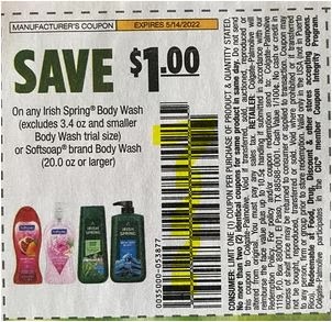 $1.00/1 Irish Spring OR softsoap Coupon from "SMARTSOURCE" insert week of 4/24/22.