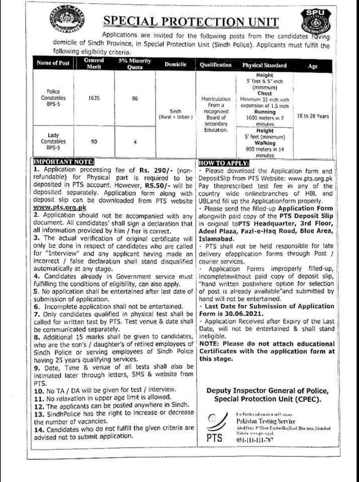 Sindh Police Special Protection Unit SPU Jobs 2021 | 1815 Posts