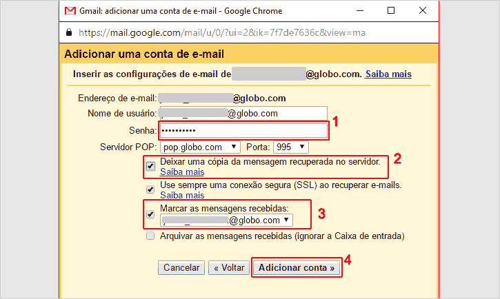 Configurando conta Globomail Pro no Coletor de e-mails