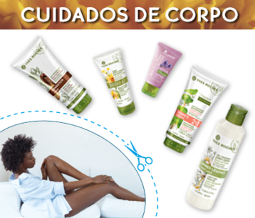 Imagem com foto de perfil de uma jovem e cinco produtos de cuidados de corpo de Yves Rocher Portugal com 50%  de descontos