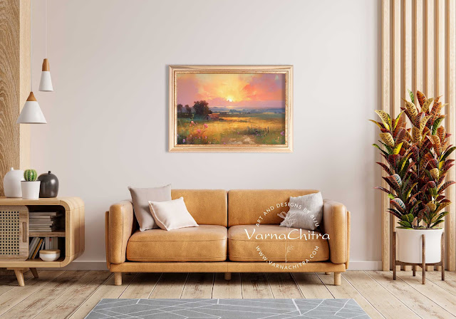 Colorful classical landscape in semi impasto, alla prima, semi impressionist style with visible brushwork by Biju Varnachitra, large size printable instant download, high quality original for custom printing and framing