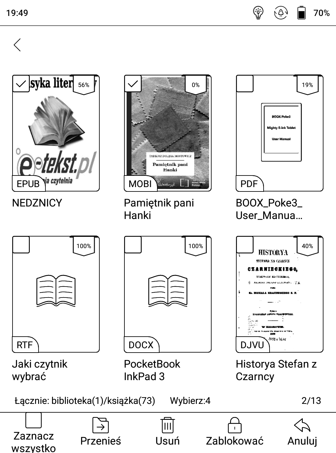 Zaznaczanie e-booków w bibliotece czytnika Onyx Boox Poke 3