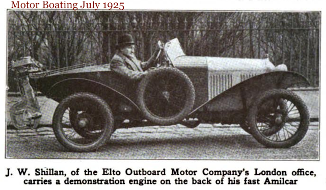 An Elto outboard motor being carried on the back of an Amilcar in 1925.
